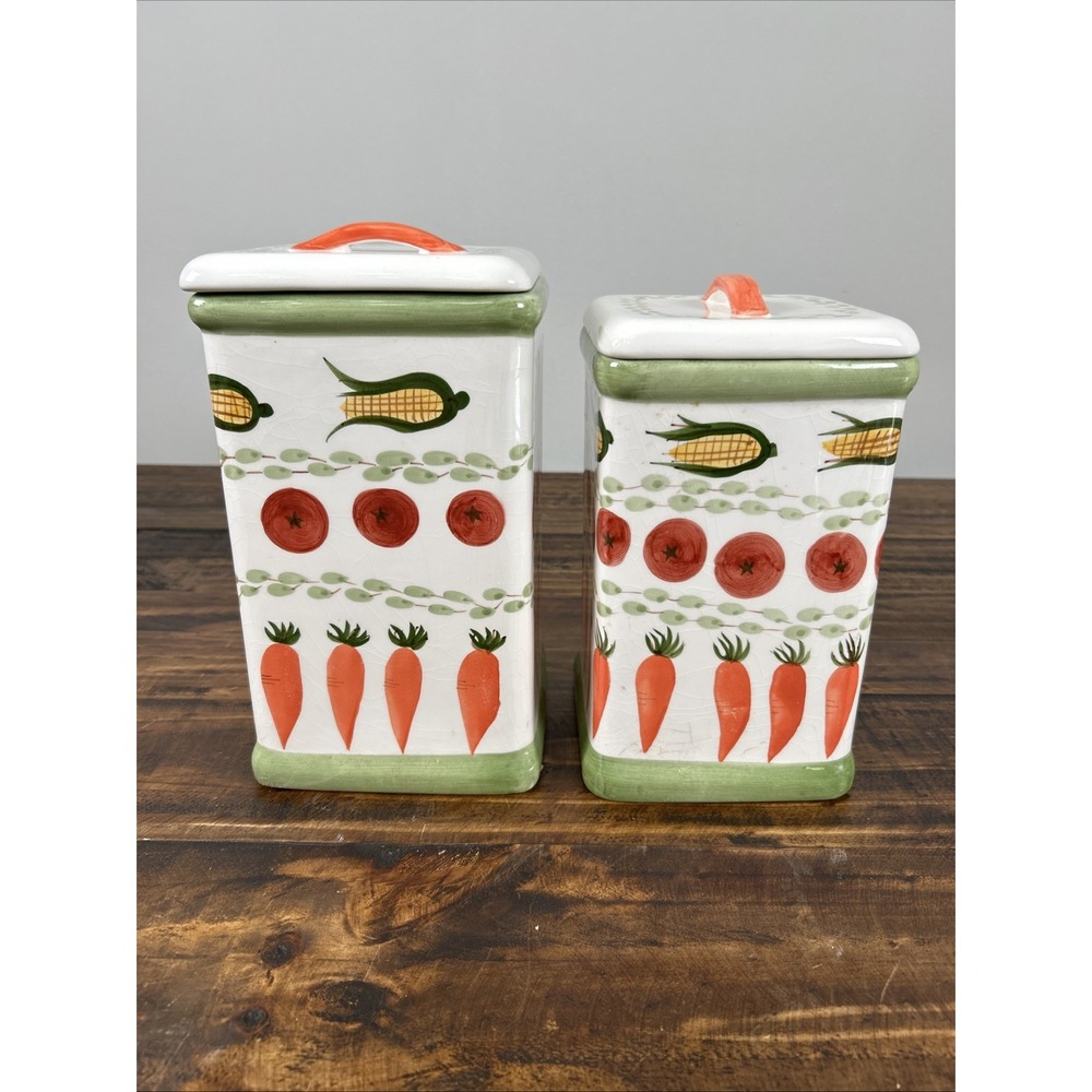 2 At Home ceramic canister vegetable pattern Vintage kitchen decor‎